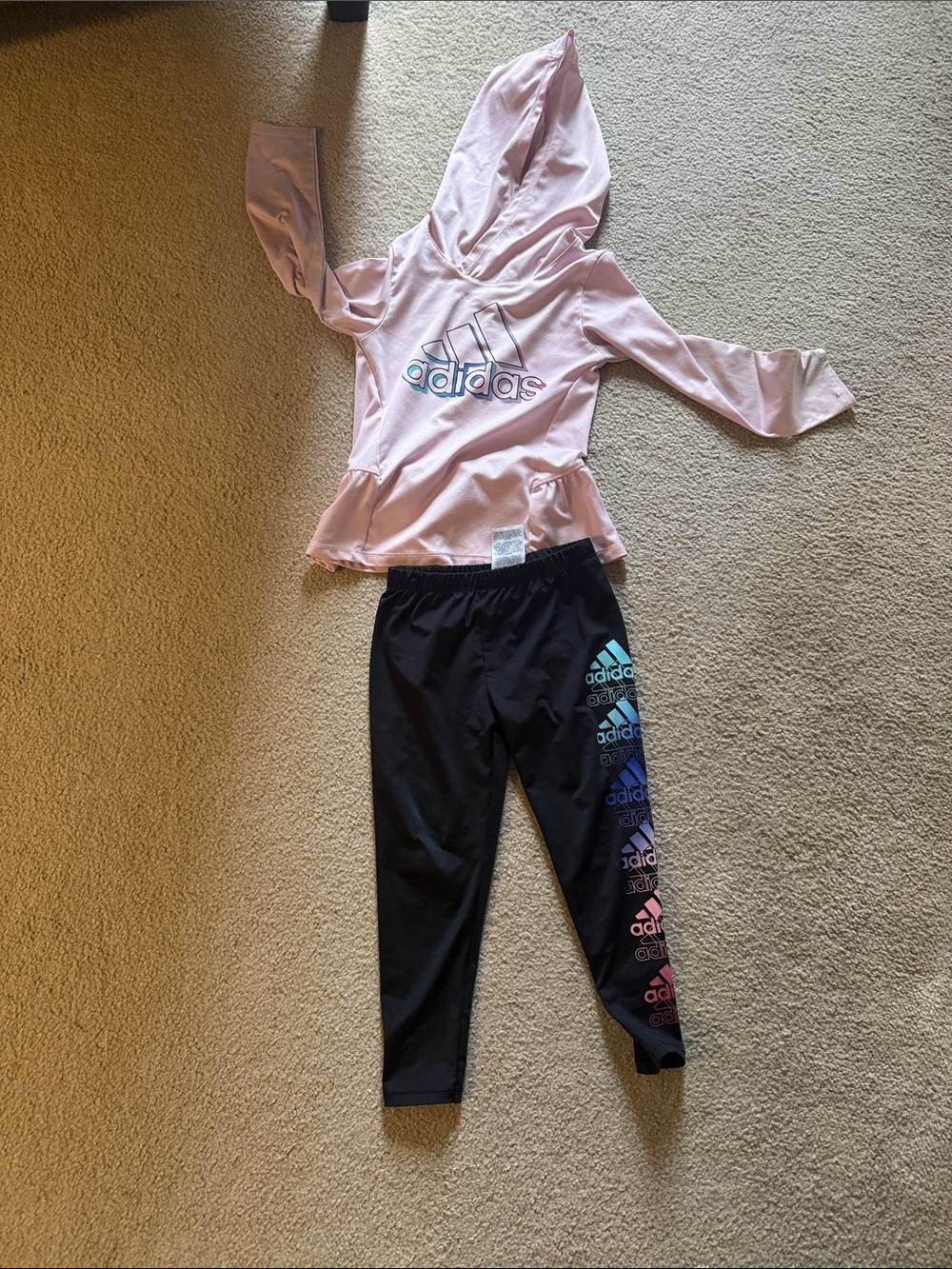 adidas Pink Hoodie and Black Leggings with Multicolor Logo Stripe Kids Set